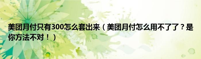 美团月付只有300怎么套出来(美团月付怎么用不了了?是你方法不对!)