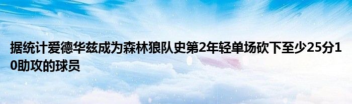 据统计爱德华兹成为森林狼队史第2年轻单场砍下至少25分10助攻的球员