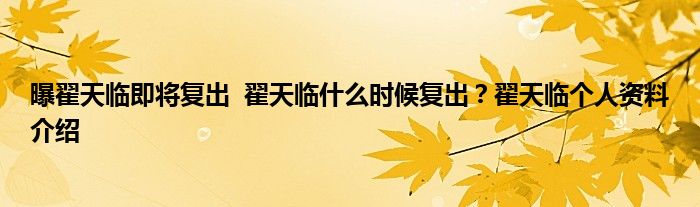 曝翟天临即将复出 翟天临什么时候复出?翟天临个人资料介绍
