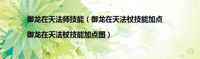 御龙在天法师技能（御龙在天法杖技能加点|御龙在天法杖技能加点图）