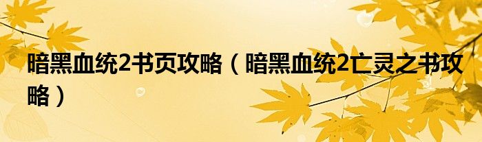 暗黑血统2书页攻略(暗黑血统2亡灵之书攻略)
