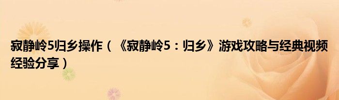 寂静岭5归乡操作(《寂静岭5:归乡》游戏攻略与经典视频经验分享)