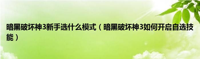 暗黑破坏神3新手选什么模式(暗黑破坏神3如何开启自选技能)