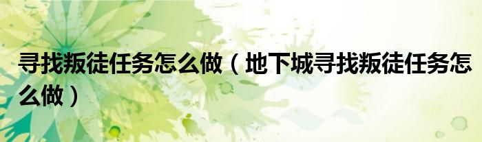 寻找叛徒任务怎么做(地下城寻找叛徒任务怎么做)