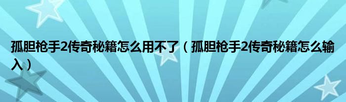 孤胆枪手2传奇秘籍怎么用不了(孤胆枪手2传奇秘籍怎么输入)