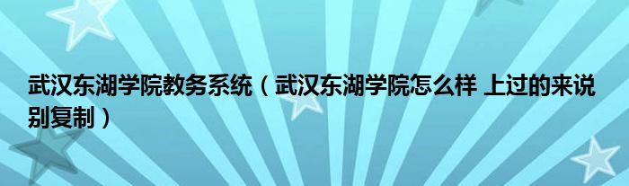 武汉东湖学院教务系统(武汉东湖学院怎么样 上过的来说 别复制)