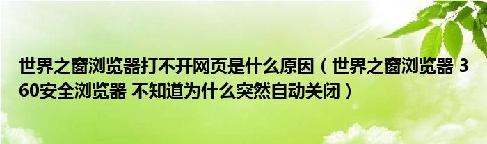 世界之窗浏览器打不开网页是什么原因(世界之窗浏览器 360安全浏览器 不知道为什么突然自动关闭)