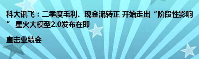 科大讯飞：二季度毛利、现金流转正 开始走出“阶段性影响” 星火大模型2.0发布在即|直击业绩会