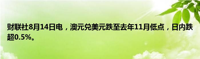 财联社8月14日电,澳元兑美元跌至去年11月低点,日内跌超0.5%。