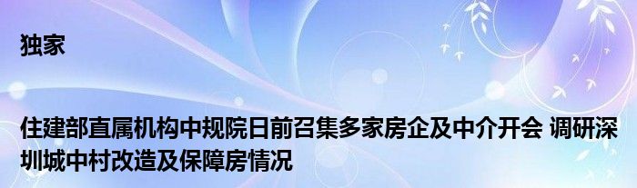 独家|住建部直属机构中规院日前召集多家房企及中介开会 调研深圳城中村改造及保障房情况