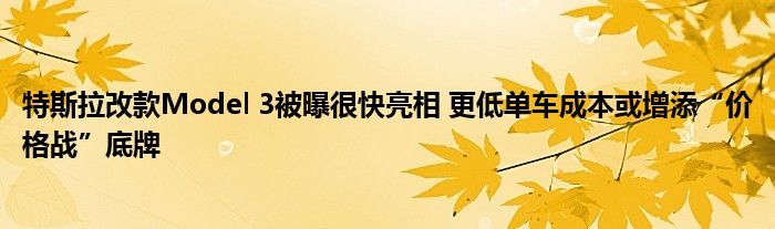特斯拉改款Model 3被曝很快亮相 更低单车成本或增添“价格战”底牌