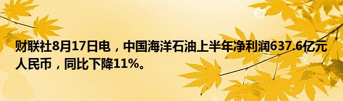 财联社8月17日电,中国海洋石油上半年净利润637.6亿元人民币,同比下降11%。