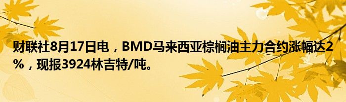 财联社8月17日电，BMD马来西亚棕榈油主力合约涨幅达2%，现报3924林吉特/吨。