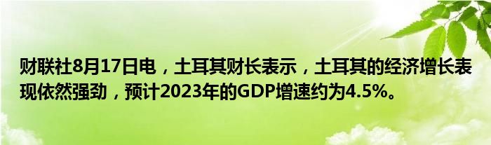 财联社8月17日电，土耳其财长表示，土耳其的经济增长表现依然强劲，预计2023年的GDP增速约为4.5%。
