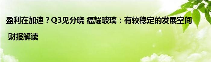 盈利在加速?Q3见分晓 福耀玻璃:有较稳定的发展空间 | 财报解读