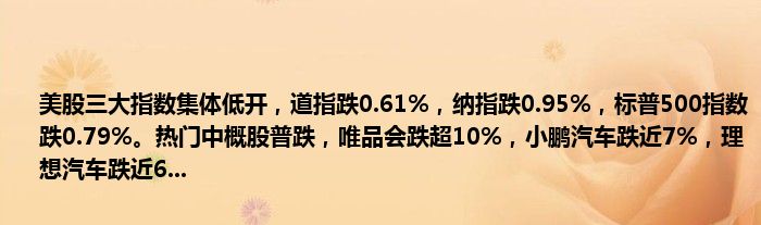 美股三大指数集体低开,道指跌0.61%,纳指跌0.95%,标普500指数跌0.79%。热门中概股普跌,唯品会跌超10%,小鹏汽车跌近7%,理想汽车跌近6...