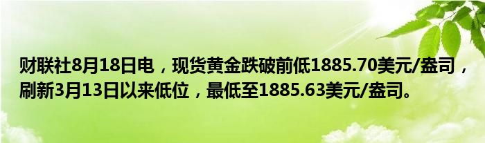 财联社8月18日电,现货黄金跌破前低1885.70美元/盎司,刷新3月13日以来低位,最低至1885.63美元/盎司。