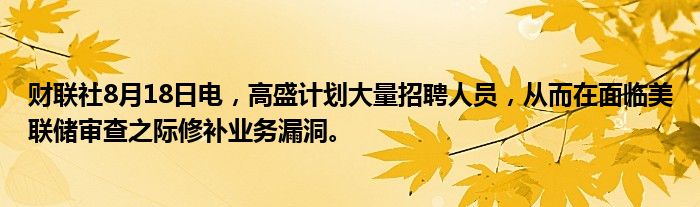 财联社8月18日电,高盛计划大量招聘人员,从而在面临美联储审查之际修补业务漏洞。