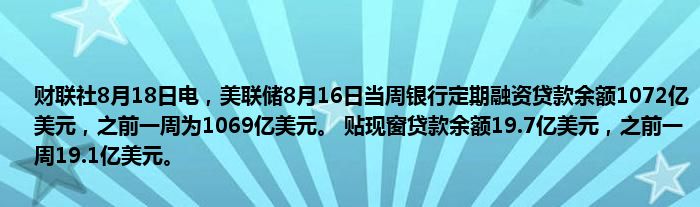 财联社8月18日电,美联储8月16日当周银行定期融资贷款余额1072亿美元,之前一周为1069亿美元。 贴现窗贷款余额19.7亿美元,之前一周19.1亿美元。