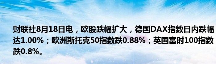 财联社8月18日电,欧股跌幅扩大,德国DAX指数日内跌幅达1.00%;欧洲斯托克50指数跌0.88%;英国富时100指数跌0.8%。