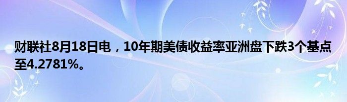 财联社8月18日电,10年期美债收益率亚洲盘下跌3个基点至4.2781%。