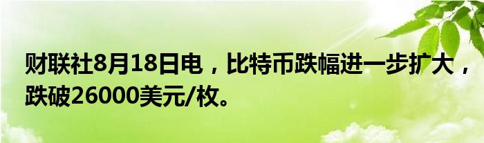 财联社8月18日电,比特币跌幅进一步扩大,跌破26000美元/枚。