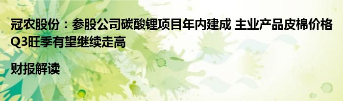 冠农股份:参股公司碳酸锂项目年内建成 主业产品皮棉价格Q3旺季有望继续走高|财报解读