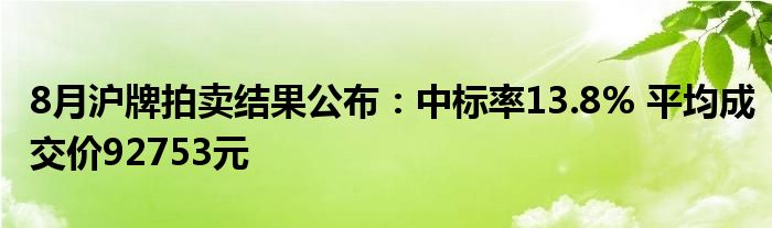 8月沪牌拍卖结果公布:中标率13.8% 平均成交价92753元
