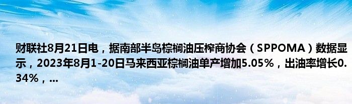 财联社8月21日电,据南部半岛棕榈油压榨商协会(SPPOMA)数据显示,2023年8月1-20日马来西亚棕榈油单产增加5.05%,出油率增长0.34%,...