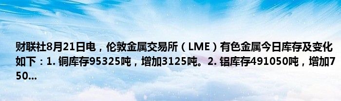 财联社8月21日电,伦敦金属交易所(LME)有色金属今日库存及变化如下:1. 铜库存95325吨,增加3125吨。2. 铝库存491050吨,增加750...