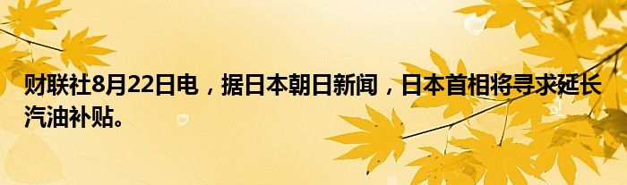 财联社8月22日电,据日本朝日新闻,日本首相将寻求延长汽油补贴。