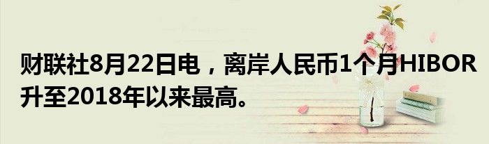 财联社8月22日电,离岸人民币1个月HIBOR升至2018年以来最高。
