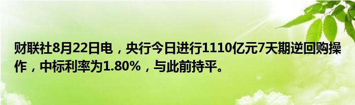 财联社8月22日电,央行今日进行1110亿元7天期逆回购操作,中标利率为1.80%,与此前持平。