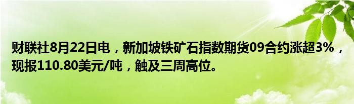 财联社8月22日电,新加坡铁矿石指数期货09合约涨超3%,现报110.80美元/吨,触及三周高位。