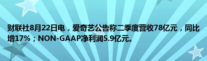 财联社8月22日电,爱奇艺公告称二季度营收78亿元,同比增17%;NON-GAAP净利润5.9亿元。