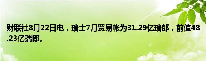 财联社8月22日电,瑞士7月贸易帐为31.29亿瑞郎,前值48.23亿瑞郎。