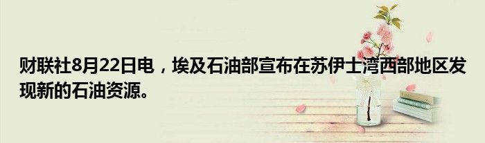 财联社8月22日电,埃及石油部宣布在苏伊士湾西部地区发现新的石油资源。