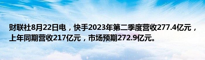 财联社8月22日电,快手2023年第二季度营收277.4亿元,上年同期营收217亿元,市场预期272.9亿元。