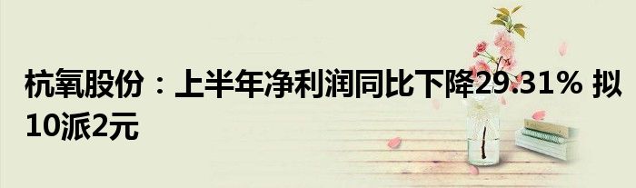 杭氧股份:上半年净利润同比下降29.31% 拟10派2元