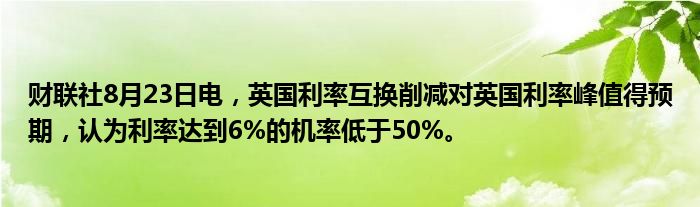 财联社8月23日电,英国利率互换削减对英国利率峰值得预期,认为利率达到6%的机率低于50%。