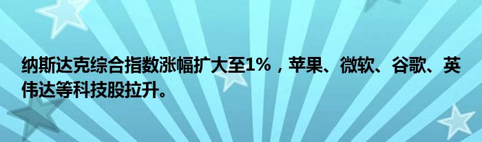 纳斯达克综合指数涨幅扩大至1%,苹果、微软、谷歌、英伟达等科技股拉升。