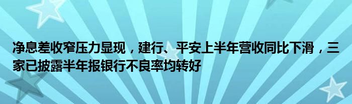 净息差收窄压力显现,建行、平安上半年营收同比下滑,三家已披露半年报银行不良率均转好