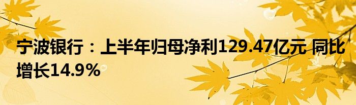 宁波银行:上半年归母净利129.47亿元 同比增长14.9%