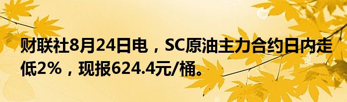 财联社8月24日电，SC原油主力合约日内走低2%，现报624.4元/桶。