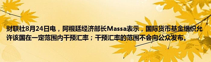 财联社8月24日电，阿根廷经济部长Massa表示，国际货币基金组织允许该国在一定范围内干预汇率；干预汇率的范围不会向公众发布。