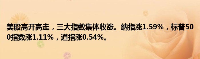 美股高开高走,三大指数集体收涨。纳指涨1.59%,标普500指数涨1.11%,道指涨0.54%。