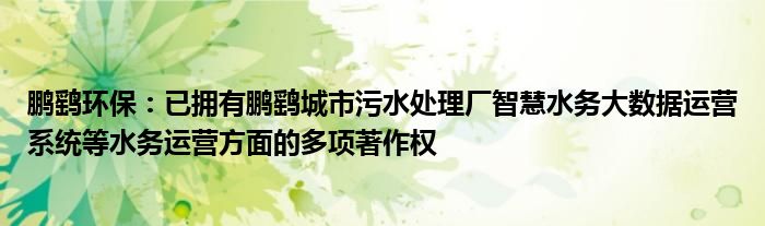 鹏鹞环保:已拥有鹏鹞城市污水处理厂智慧水务大数据运营系统等水务运营方面的多项著作权