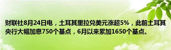 财联社8月24日电,土耳其里拉兑美元涨超5%,此前土耳其央行大幅加息750个基点,6月以来累加1650个基点。
