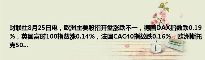 财联社8月25日电,欧洲主要股指开盘涨跌不一,德国DAX指数跌0.19%,英国富时100指数涨0.14%,法国CAC40指数跌0.16%,欧洲斯托克50...