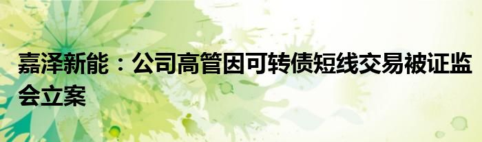 嘉泽新能:公司高管因可转债短线交易被证监会立案